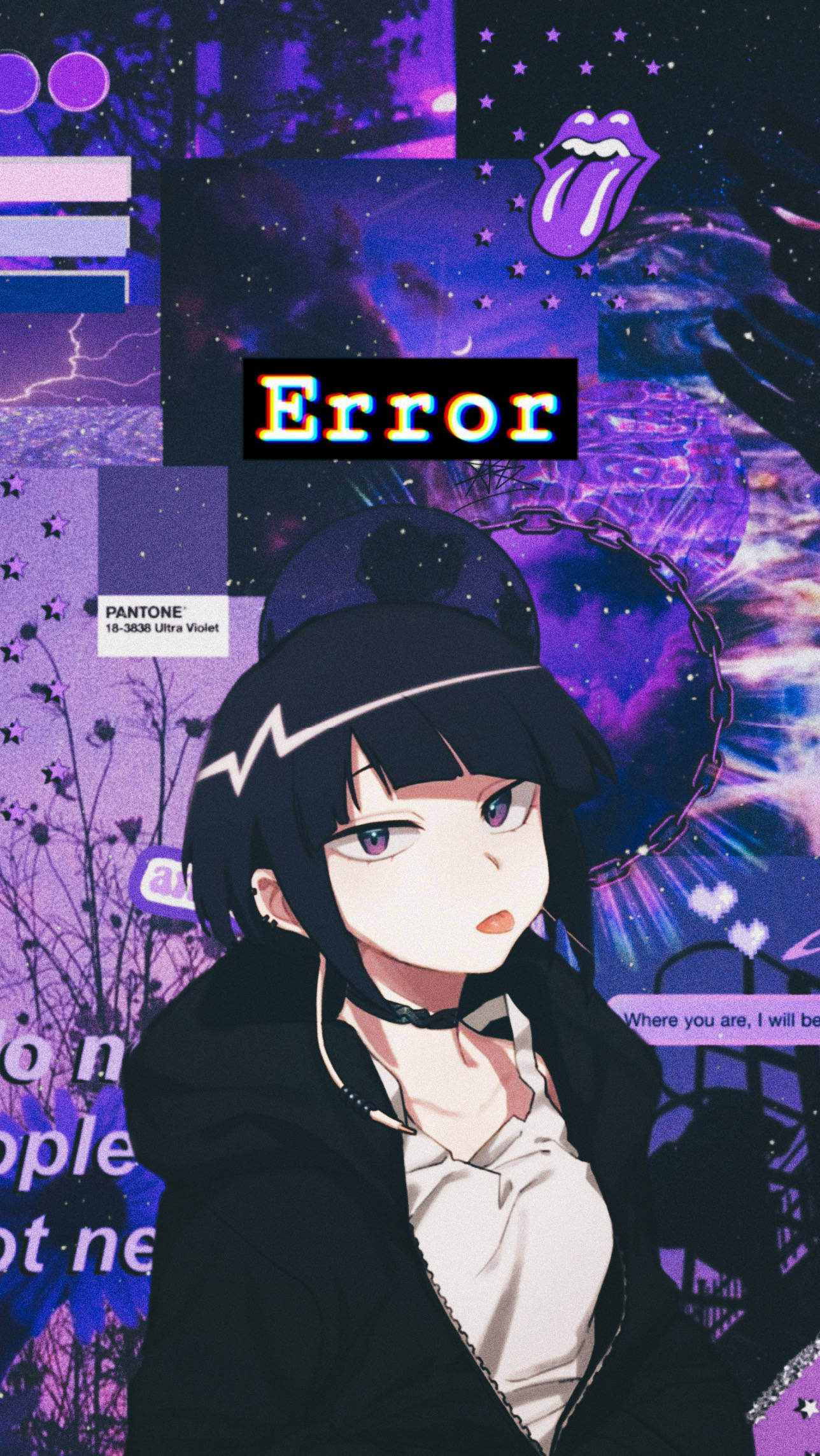 Profile 桌布 壁紙 — 一個黑髮戴帽的動漫女孩凝視著帶有星星和滾石樂隊標誌的紫色故障拼貼畫。