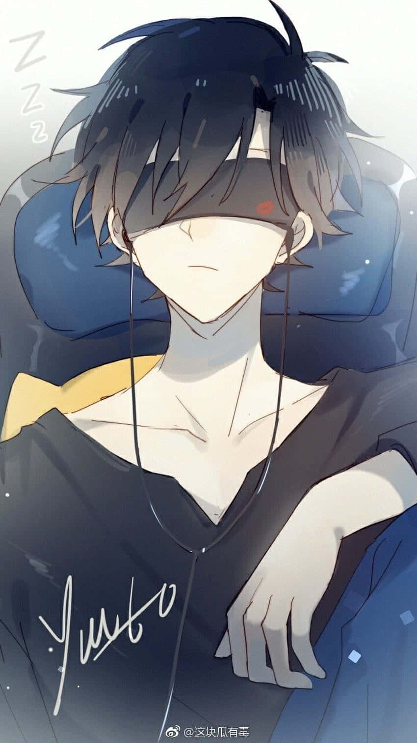 Bad Boy Anime 桌布 壁紙 — 一個黑髮戴眼罩的昏昏欲睡動漫男孩，戴著耳機坐在藍色椅子上休息。