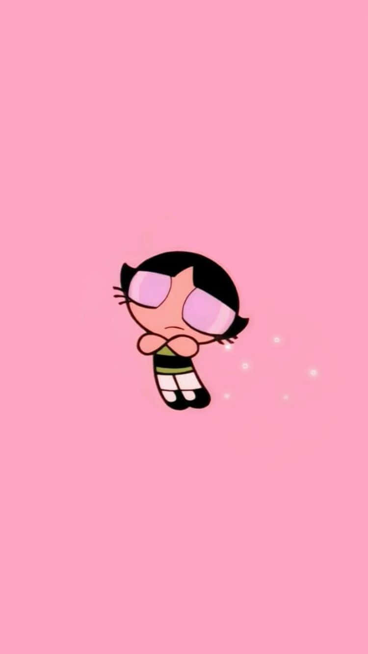 Powerpuff Girls Aesthetic 桌布 壁紙 — 一個黑髮戴粉紅色眼鏡的卡通女孩在純粉紅色背景上漂浮，帶有閃光。