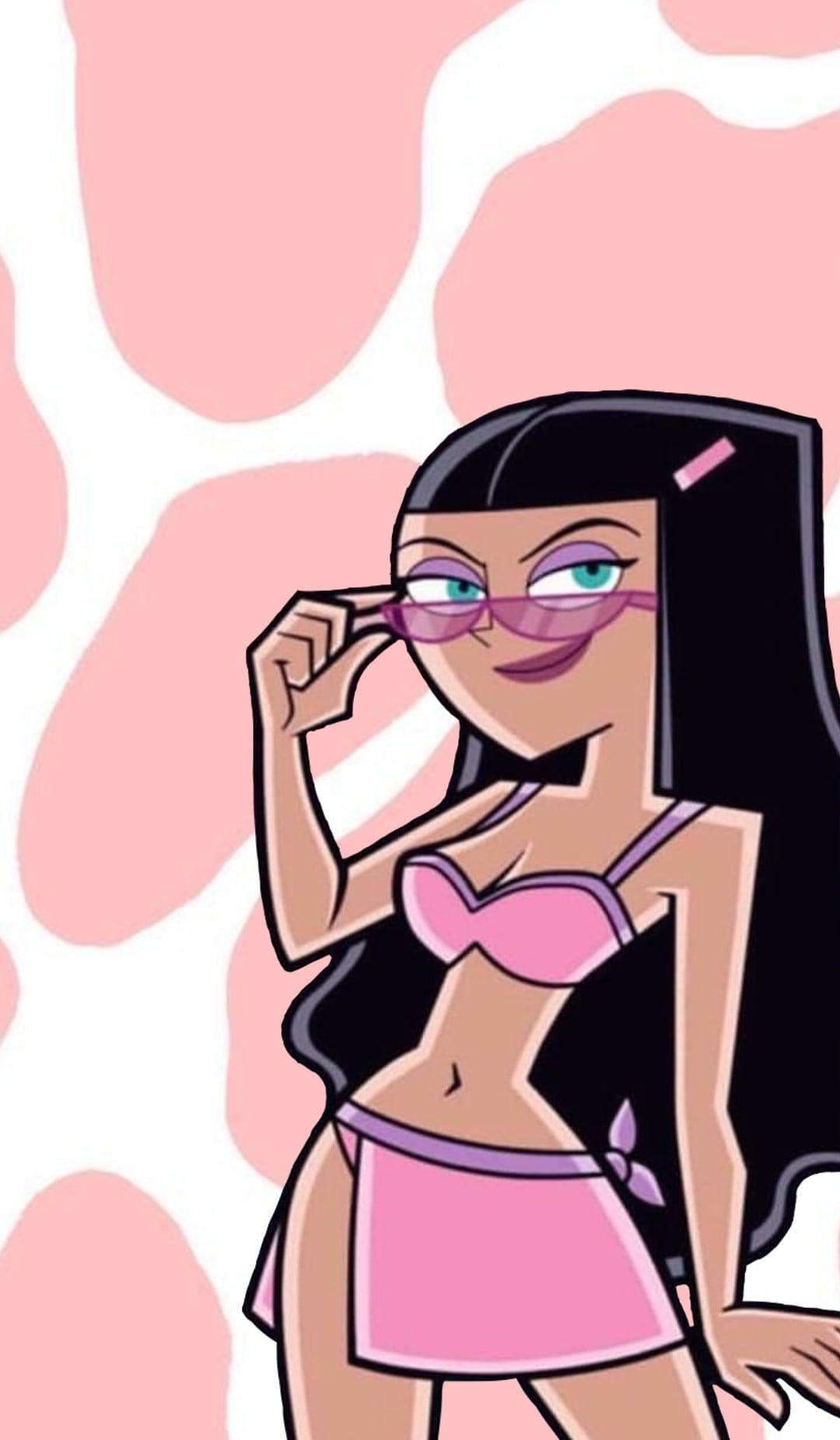 卡通女孩穿粉紅色比基尼在乳牛紋背景前調整粉紅色眼鏡。 — 壞女孩 GIF 壁紙