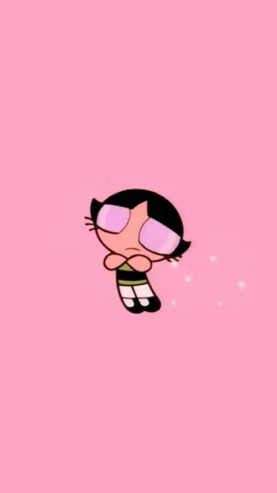 Cartoon Characters 桌布 壁紙 — 一個黑髮戴粉紅色眼鏡的卡通女孩漂浮在帶有閃光的純粉紅色背景上。