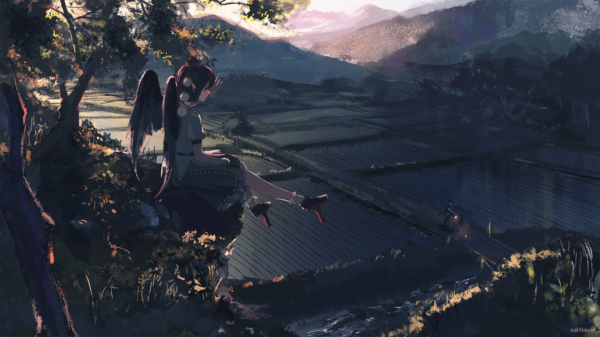 東方 桌布 壁紙 — 一個黑髮有翼的動畫女孩坐在懸崖上，俯瞰日落時分的梯田。