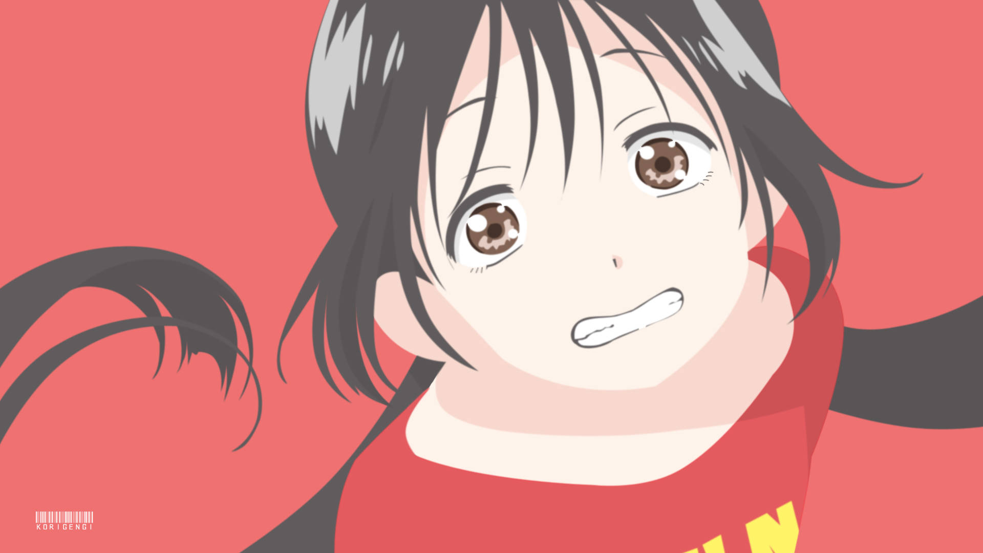 asobi asobase 桌布 壁紙 — 一個黑髮棕眼的動漫女孩特寫，穿著紅色襯衫，背景是純珊瑚色。