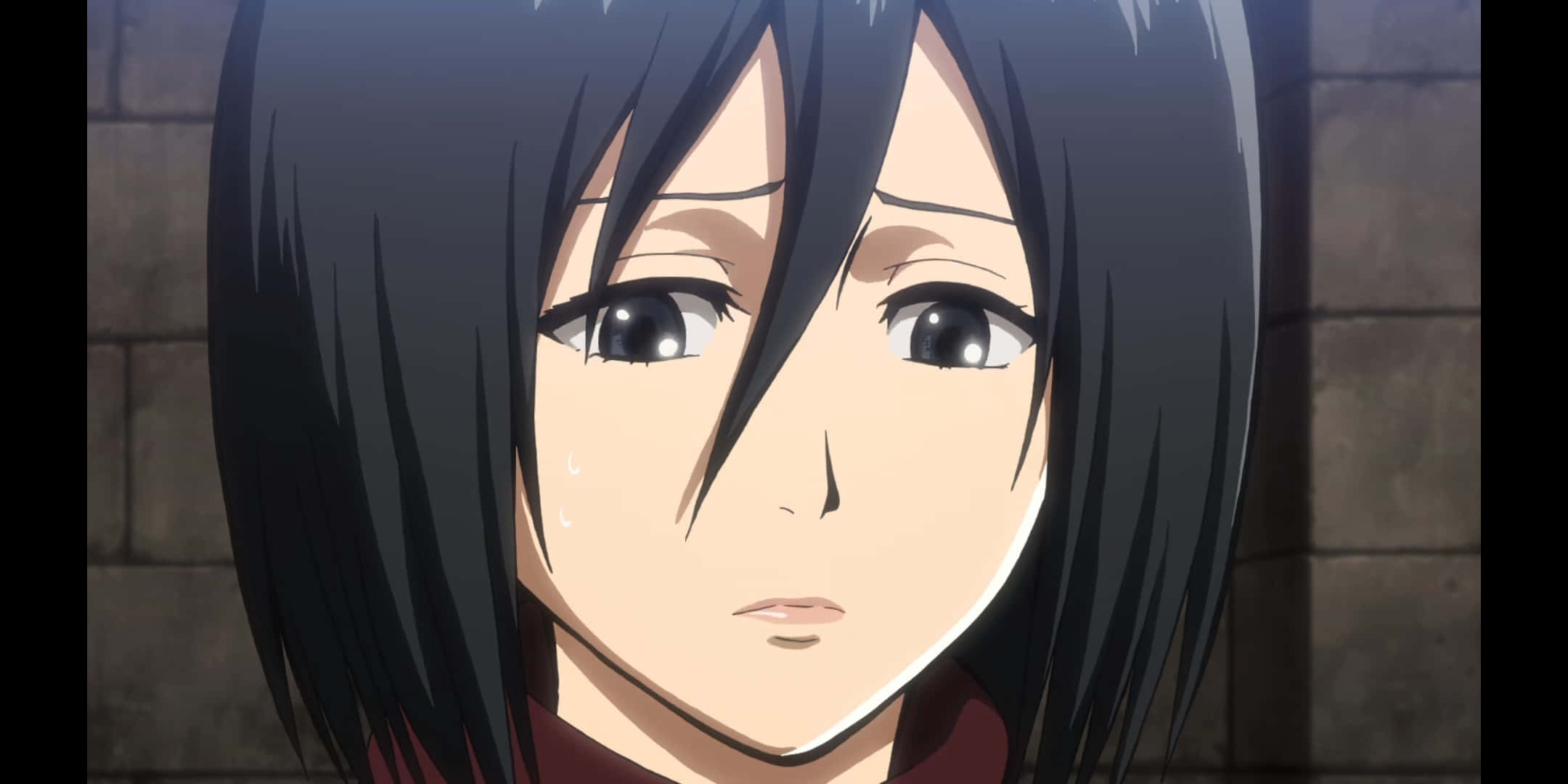 Sad Face 桌布 壁紙 — 一個黑髮淚眼的動漫女孩特寫，站在石牆前，光線柔和。