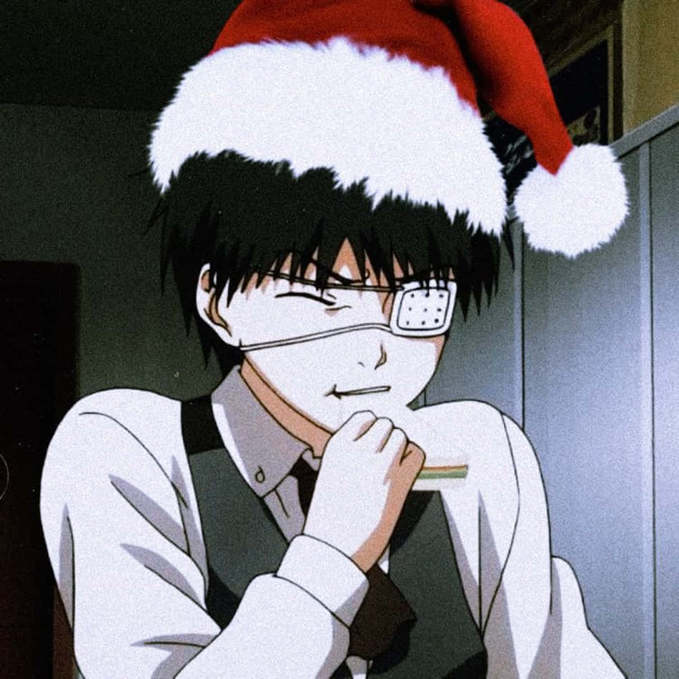 anime boys cute 桌布 壁紙 — 一個黑髮獨眼動漫男孩戴著紅色聖誕帽，在室內用手托著下巴。