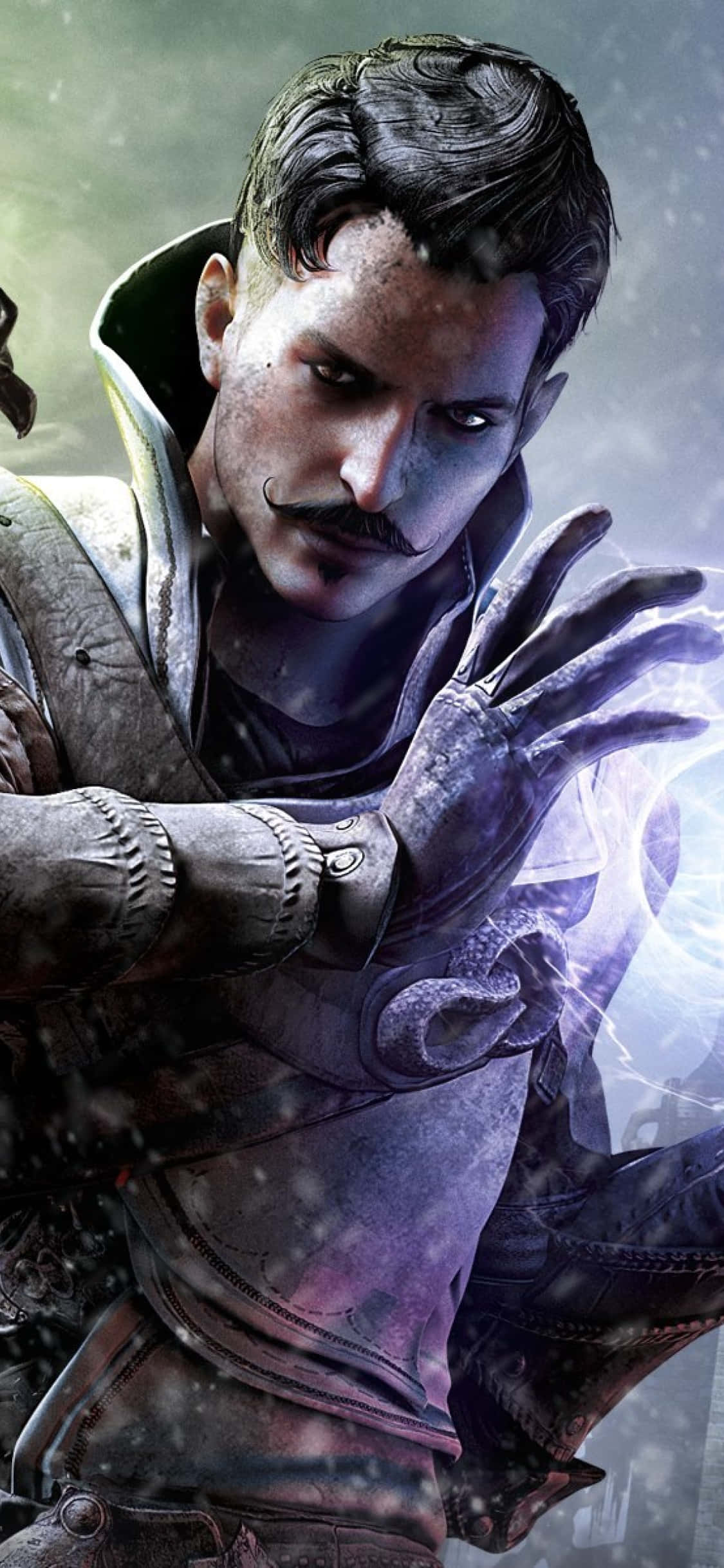 iPhone Xs Dragon Age Inquisition 桌布 壁紙 — 一個黑髮留鬚的男人，身穿風化盔甲，在暴風雨背景下從伸出的手中引導發光的藍色能量。