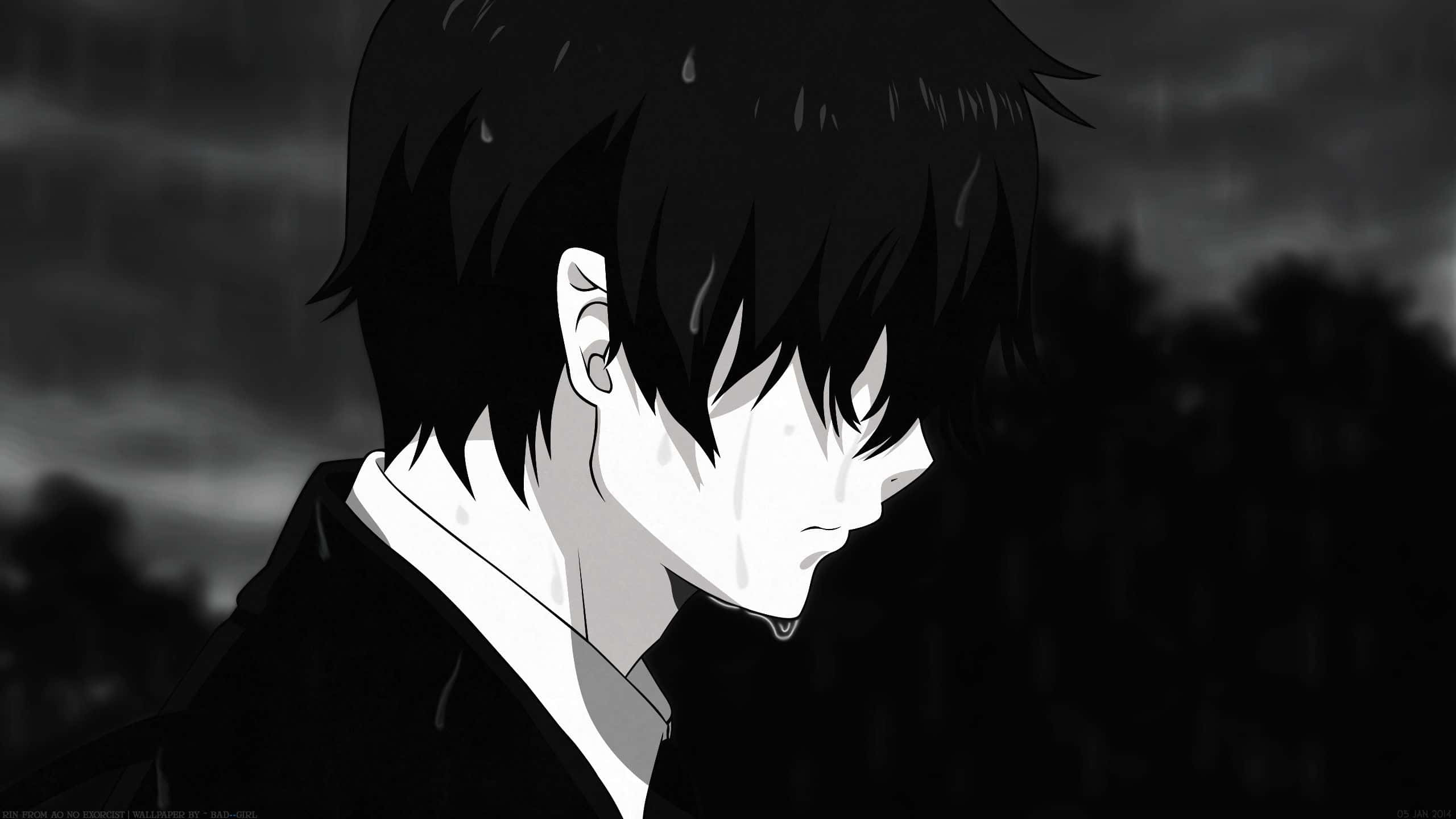 動漫 桌布 壁紙 — 一個黑髮白臉的憂鬱動漫男孩在灰階雨中向下凝視。