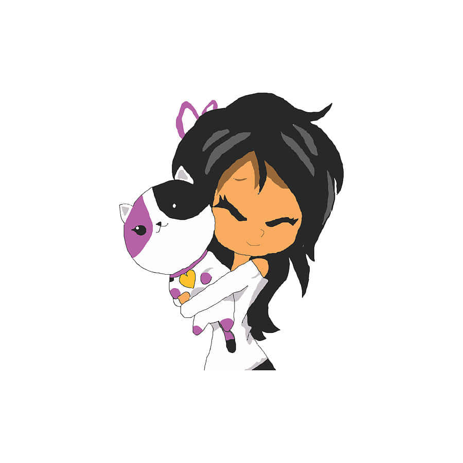 Aphmau 桌布 壁紙 — 一個黑髮的Q版動漫女孩在純白背景前擁抱一隻戴著心形項圈的白紫貓。