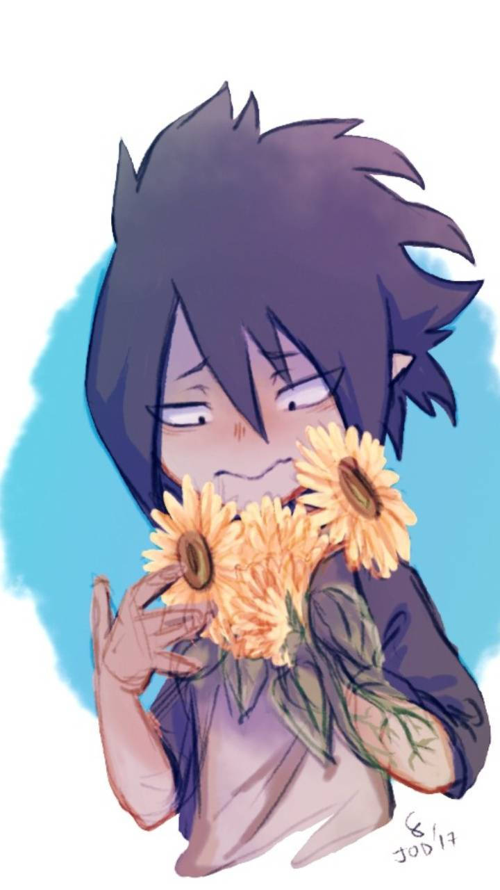 Bnha 桌布 壁紙 — 一個黑髮的Q版動漫男孩微笑著，將向日葵靠近臉龐，背景是柔和的藍色。