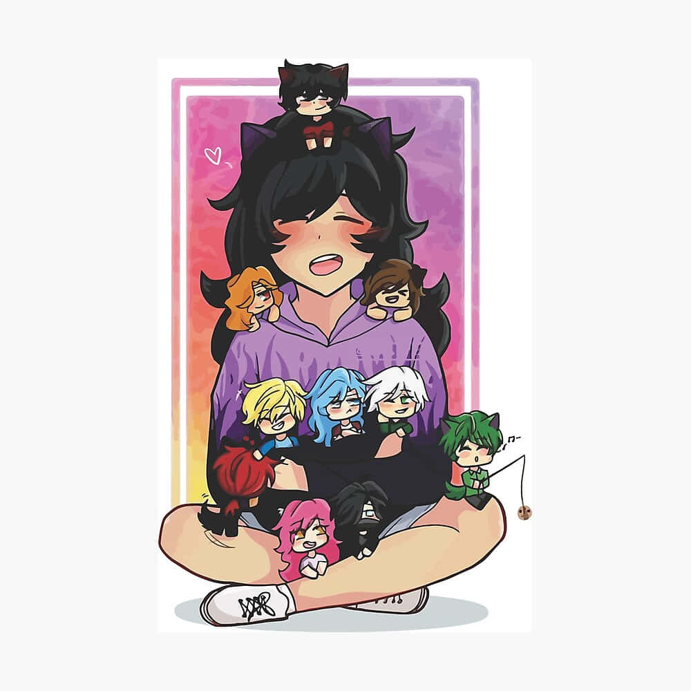 Aphmau 桌布 壁紙 — 一個黑髮的Q版動漫角色盤腿而坐，被色彩繽紛的Q版朋友包圍，背景是溫暖的漸變色。