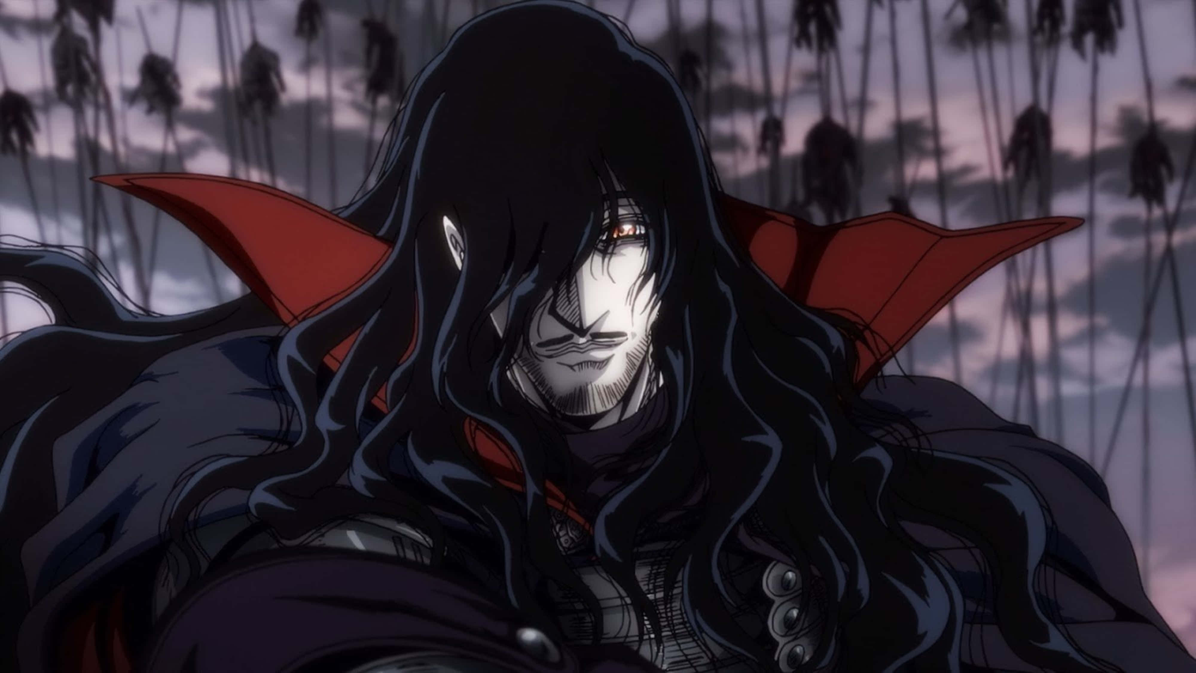 Hellsing Ultimate 4K 桌布 壁紙 — 一個黑髮的動漫吸血鬼，披著紅色斗篷，在黃昏背景下，高大的陰影樹木中莊嚴地站立。