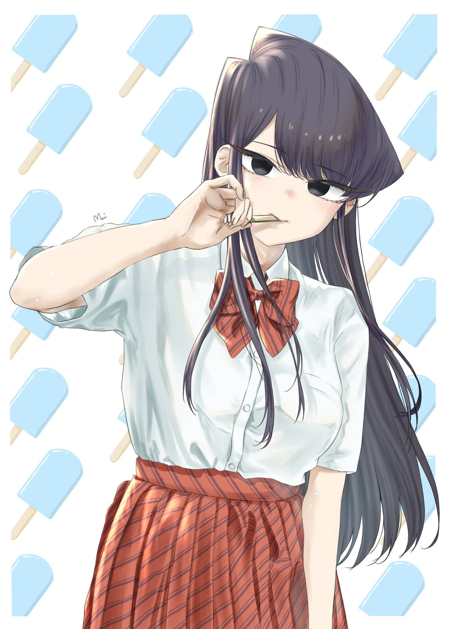 穿著校服的動漫女孩咬著冰棒，背景是藍色冰棒。 — 漫畫gif 壁紙