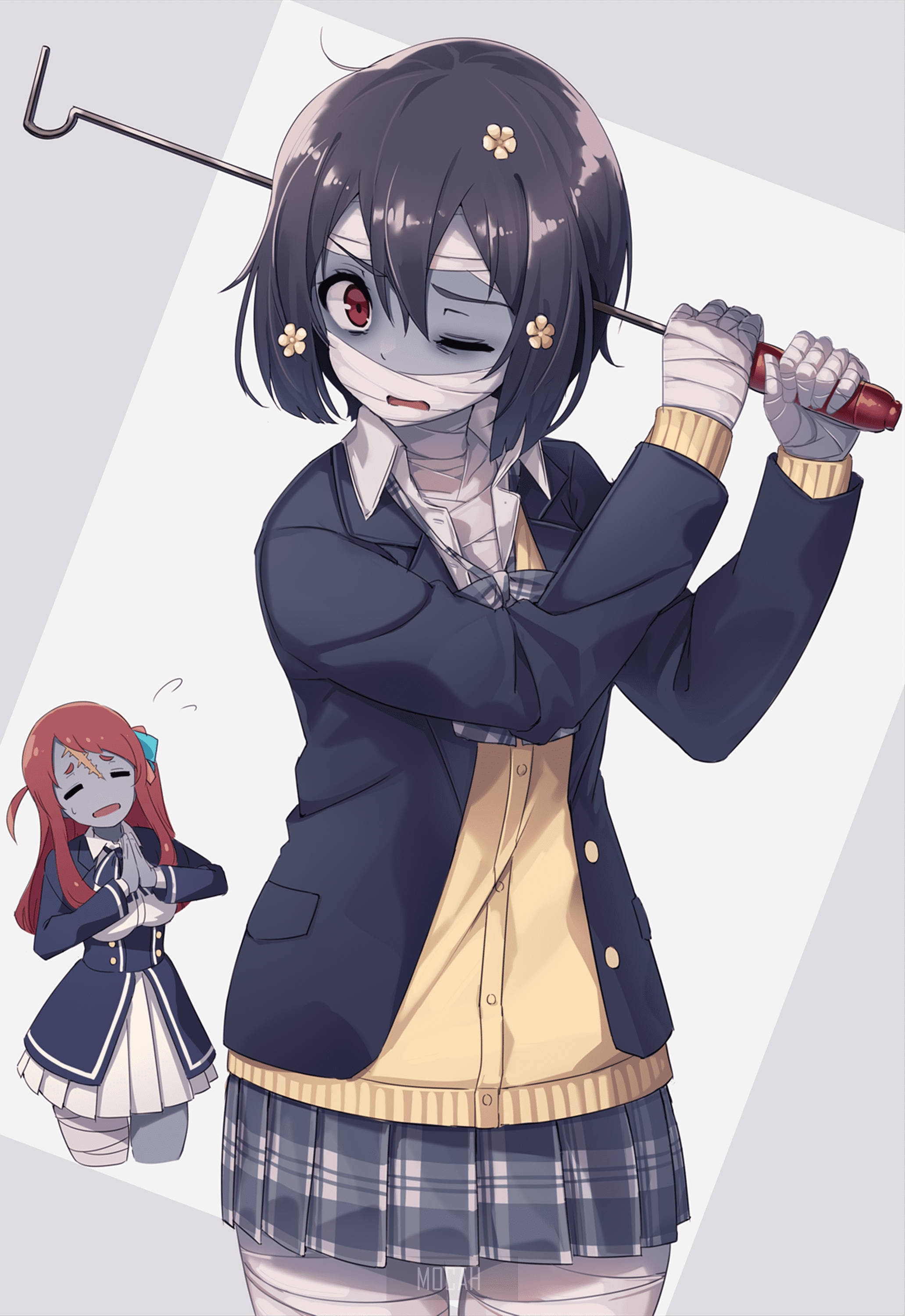 zombie land saga 桌布 壁紙 — 一個黑髮的動漫女孩穿著校服，帶著兇猛的表情揮舞高爾夫球桿，而一個較小的紅髮女孩緊張地看著。