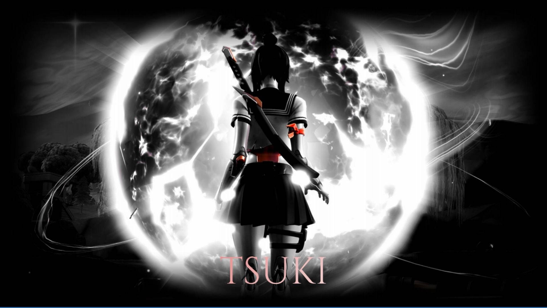 tsuki fortnite 桌布 壁紙 — 一個黑髮的動漫女孩穿著校服，手持武士刀，站在一個發光的宇宙球體前，呈現高對比度的黑白場景。