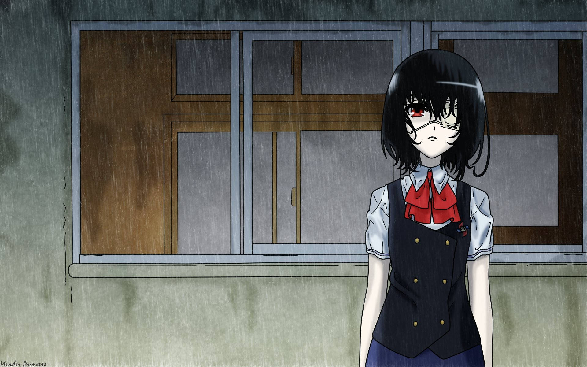 暗黑動漫 桌布 壁紙 — 一個黑髮的動漫女孩穿著校服獨自站在雨中，她的紅眼睛在面具後發光，被一個風化的窗戶框住。