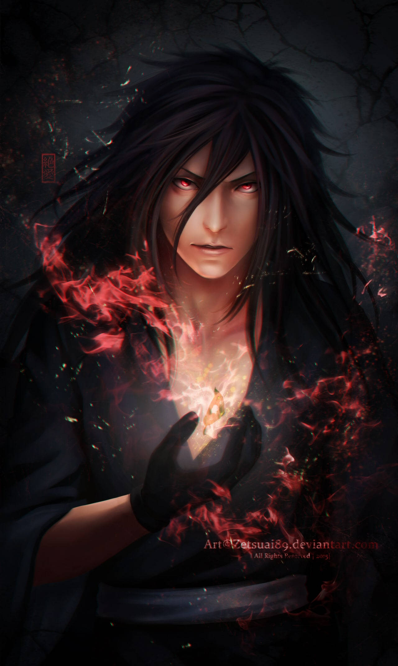 Tsukuyomi 桌布 壁紙 — 一個黑髮的動漫男子，紅色的眼睛，在裂開的黑色背景前，雙手握著發光的紅色查克拉火焰。