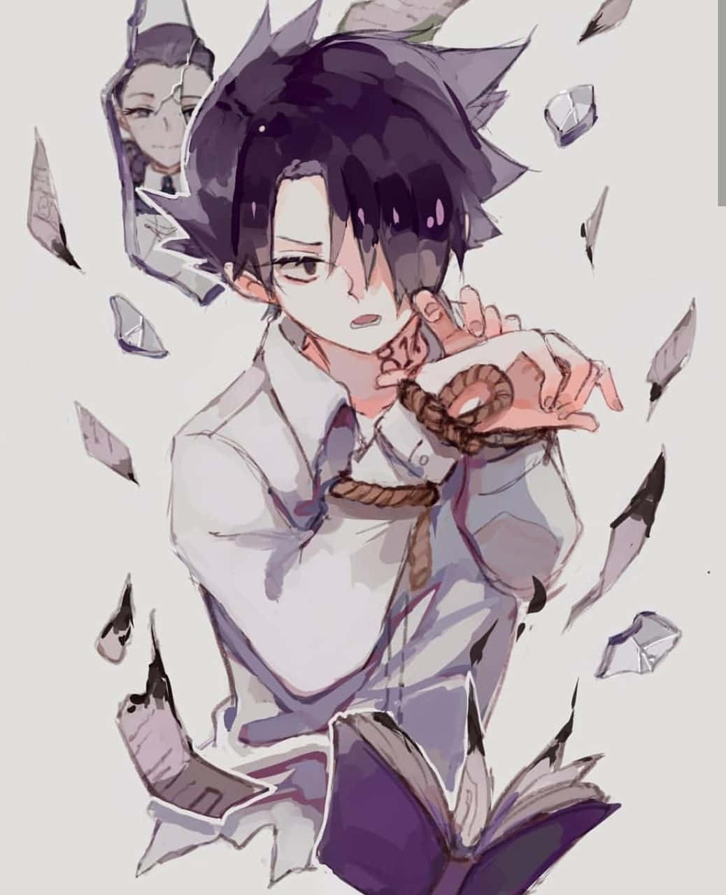 The Promised Neverland Ray 桌布 壁紙 — 一個黑髮的動漫男孩，脖子上纏著繩子，從破碎的書頁中浮現，背景蒼白。