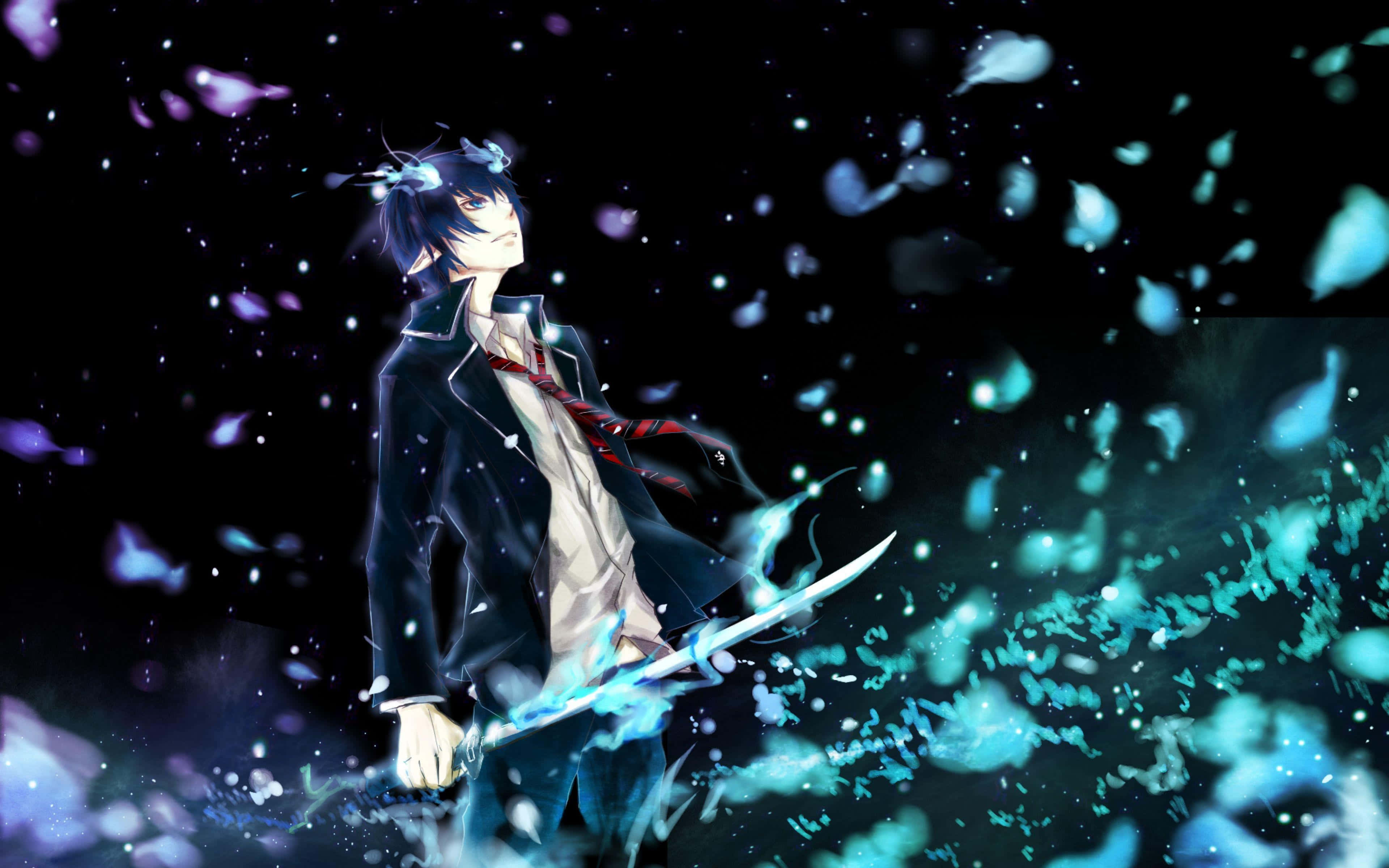 Blue Exorcist 桌布 壁紙 — 一個黑髮的動漫男孩穿著校服，在繁星點點的夜空下，揮舞著發光的藍色劍，周圍漂浮著花瓣。