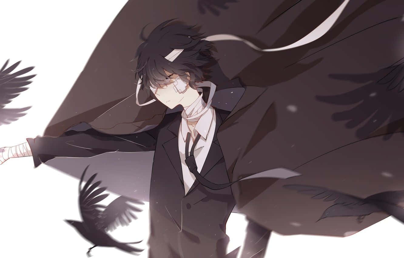 動漫男孩 桌布 壁紙 — 一個黑髮的動漫男孩穿著西裝，雙臂伸展，黑色烏鴉在他周圍盤旋，背景是純白色。