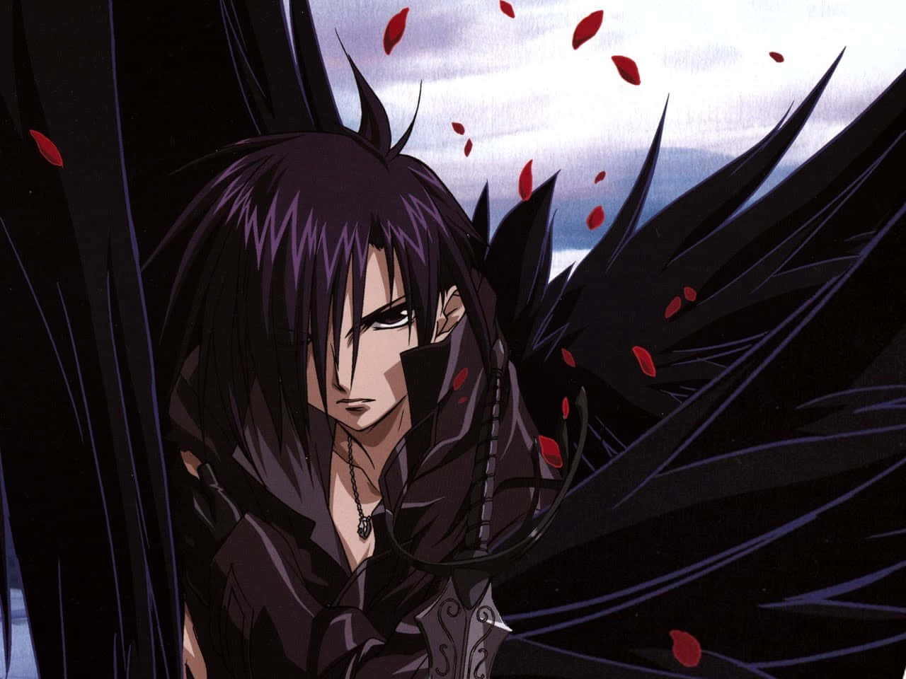 Emo Anime Boy 桌布 壁紙 — 一個黑髮的動漫角色，擁有黑色翅膀，紅色花瓣在他周圍飄落，背景是陰天。