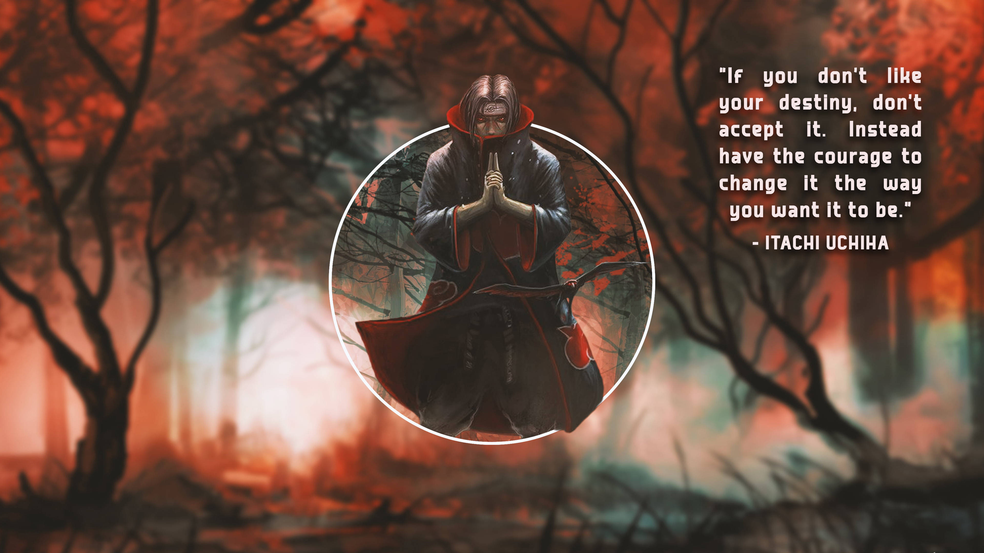 naruto quotes 桌布 壁紙 — 一個黑髮的動漫角色，身穿紅色鑲邊斗篷，在圓形框架內冥想，背景是熾熱的秋日森林。