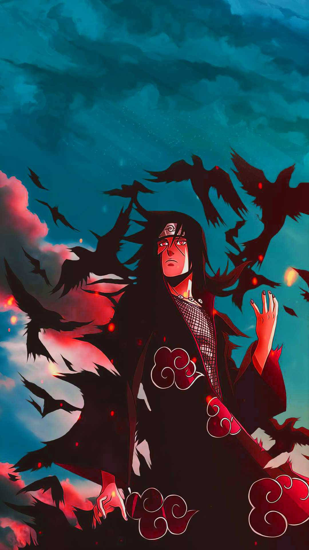 akatsuki itachi 桌布 壁紙 — 一個黑髮的動漫角色，身穿紅色雲紋斗篷，站在旋轉的黑鳥之中，背景是暴風雨的青綠色和粉紅色天空。