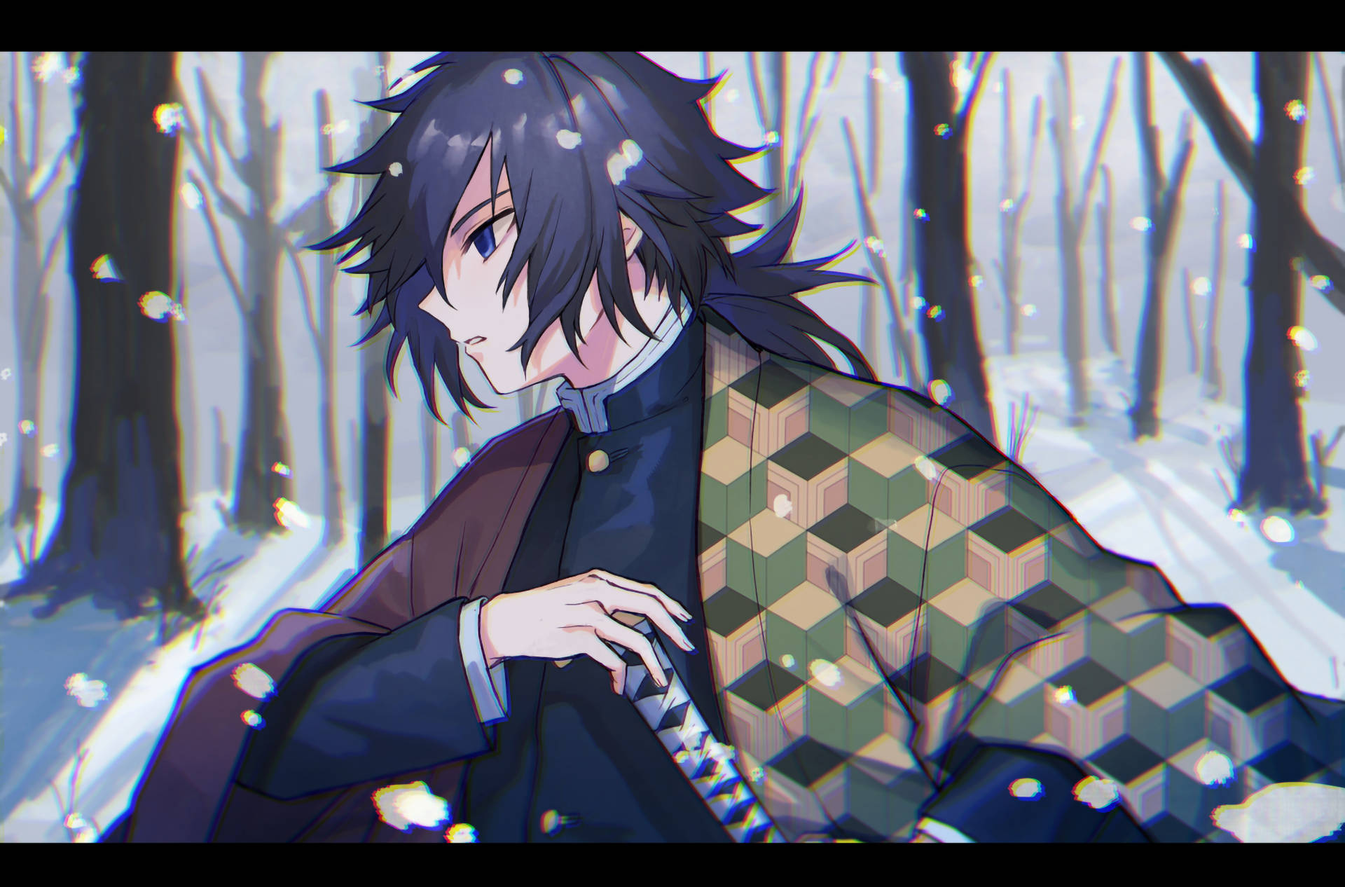 Giyuu Tomioka 桌布 壁紙 — 一個黑髮的動漫角色穿著圖案羽織，站在雪花飄落的雪森林中。