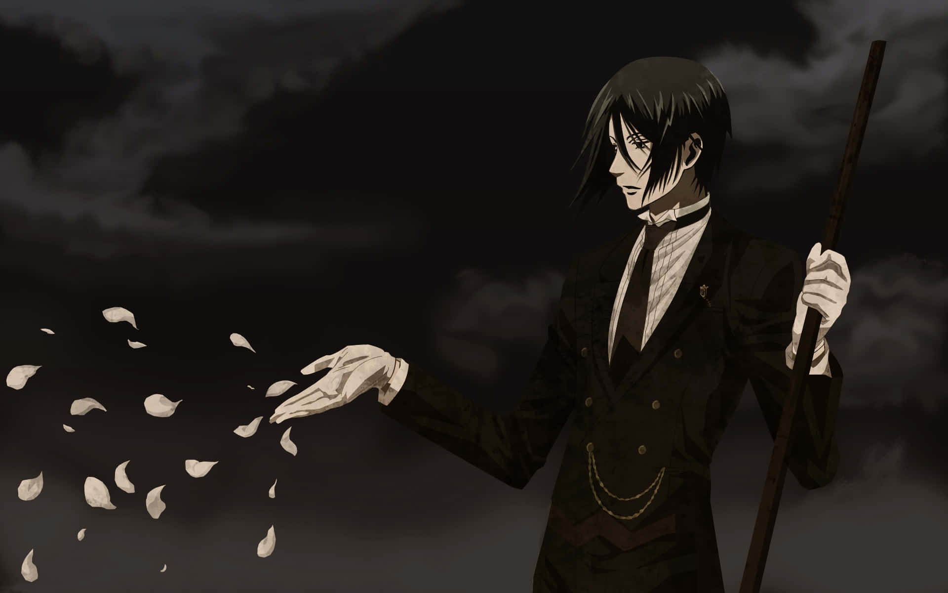 Black Butler 桌布 壁紙 — 一個黑髮的動漫角色穿著正式西裝，手持手杖，在暴風雨的灰色天空下釋放白色花瓣。