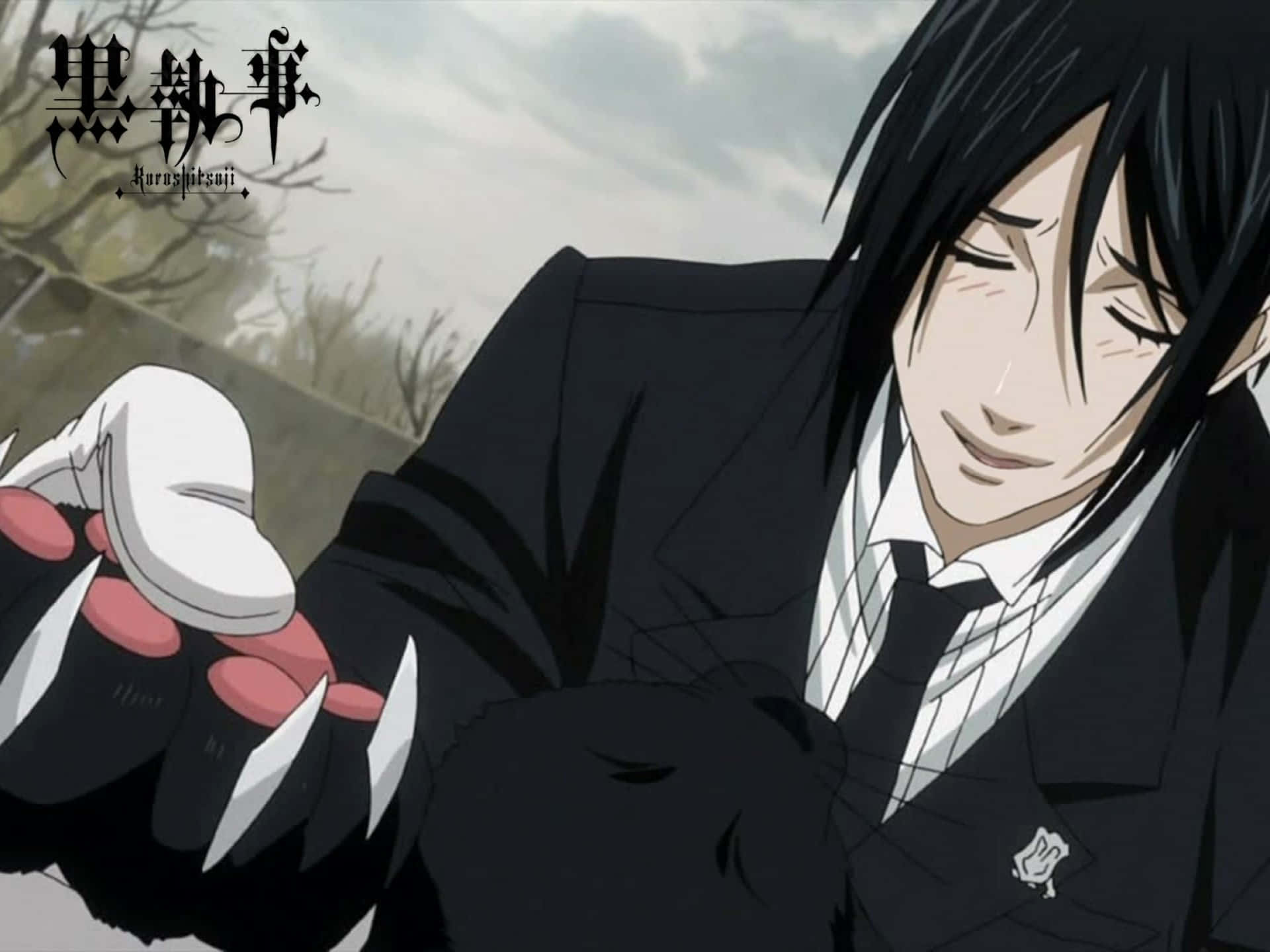 sebastian michaelis 桌布 壁紙 — 一個黑髮的動漫角色穿著正式西裝，戴著爪套手套拿著白色茶杯，背景是柔和的戶外場景。