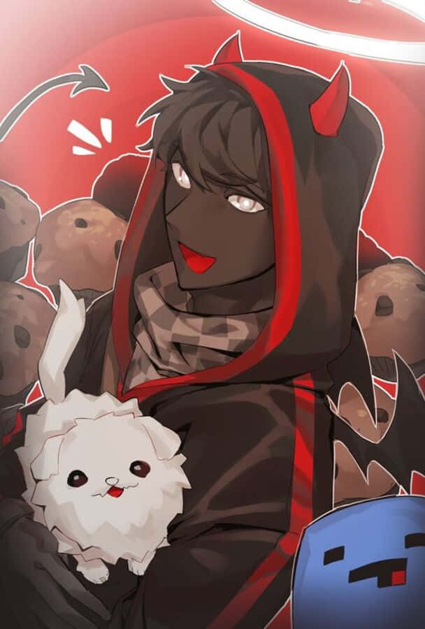 光環 桌布 壁紙 — 一個黑髮的動漫角色穿著紅色連帽惡魔服裝，在鮮紅色的背景前抱著一個毛茸茸的白色生物。