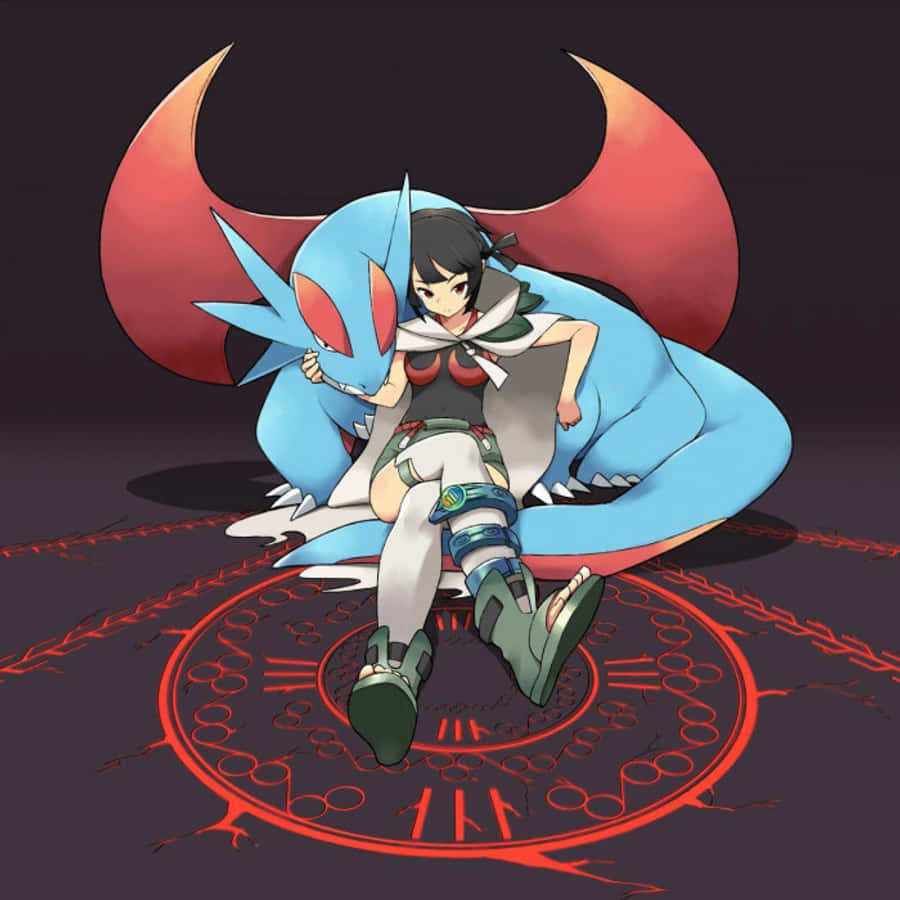 Salamence 桌布 壁紙 — 一個黑髮的年輕動漫女孩坐在一隻藍色龍狀生物上，該生物有紅色角和翅膀，兩者都停留在一個發光的紅色圓形符文圖案上，背景為深色。