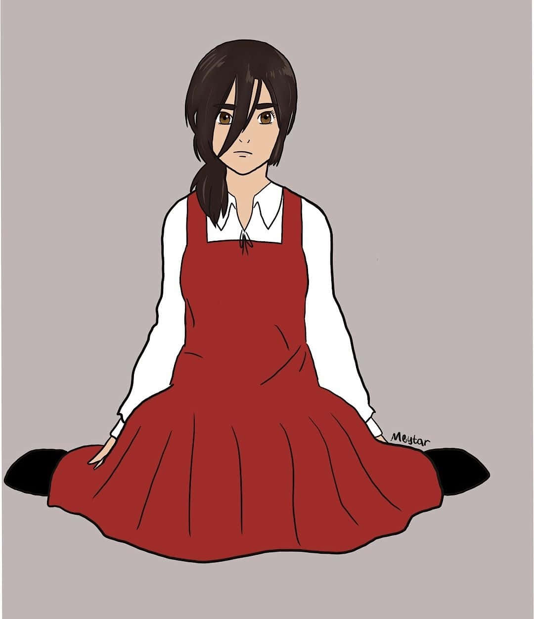 Gabi Braun 桌布 壁紙 — 一個黑髮的年輕動漫女孩穿著紅色連衣裙，在純灰色背景上盤腿而坐。