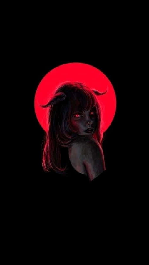 桌布 壁紙 — 一個黑髮的惡魔女孩，擁有發光的紅色眼睛和角，站在黑色虛空中鮮紅色的圓形背景前。