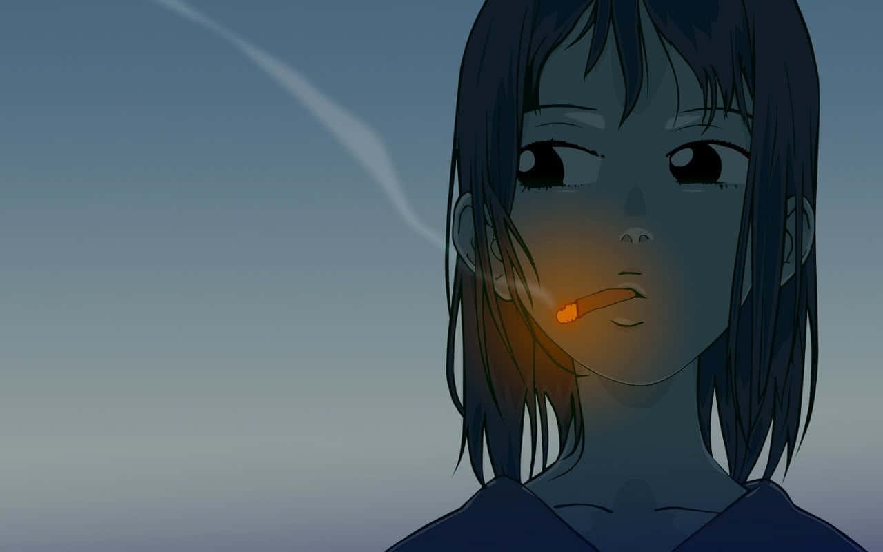 Mamimi Samejima 桌布 壁紙 — 一個黑髮的憂鬱動漫女孩在漸變的暮色天空下抽煙。