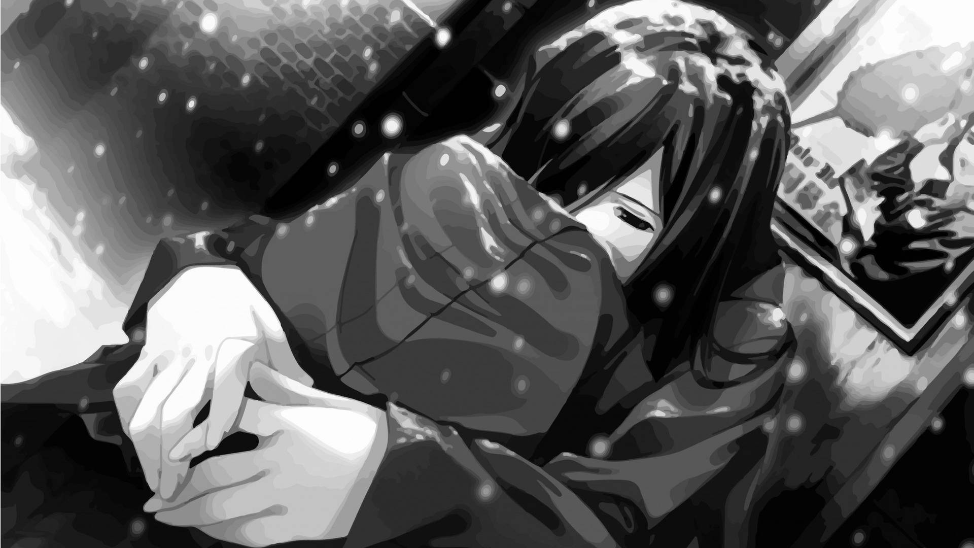 動漫男孩 桌布 壁紙 — 一個黑髮的憂鬱動漫女孩在黑白場景中緊緊抱住自己，雪花飄落在她周圍。
