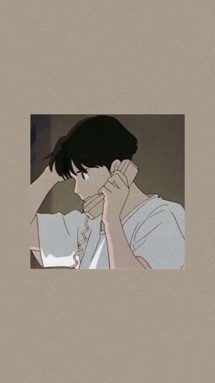 Studio Ghibli Ocean Waves 桌布 壁紙 — 一個黑髮的憂鬱動漫男孩，在柔和的米色背景上將頭靠在手中。