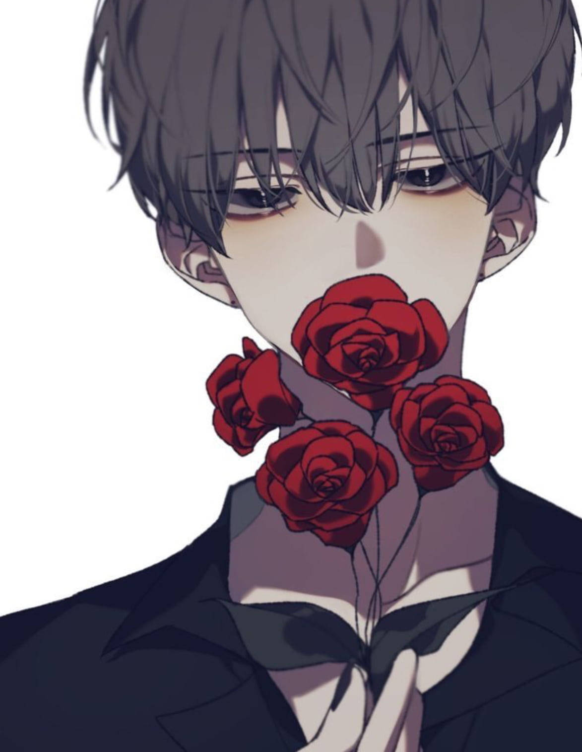 Aesthetic Anime Boy 桌布 壁紙 — 一個黑髮的憂鬱動漫男孩，在純白背景下拿著一束鮮豔的紅玫瑰。