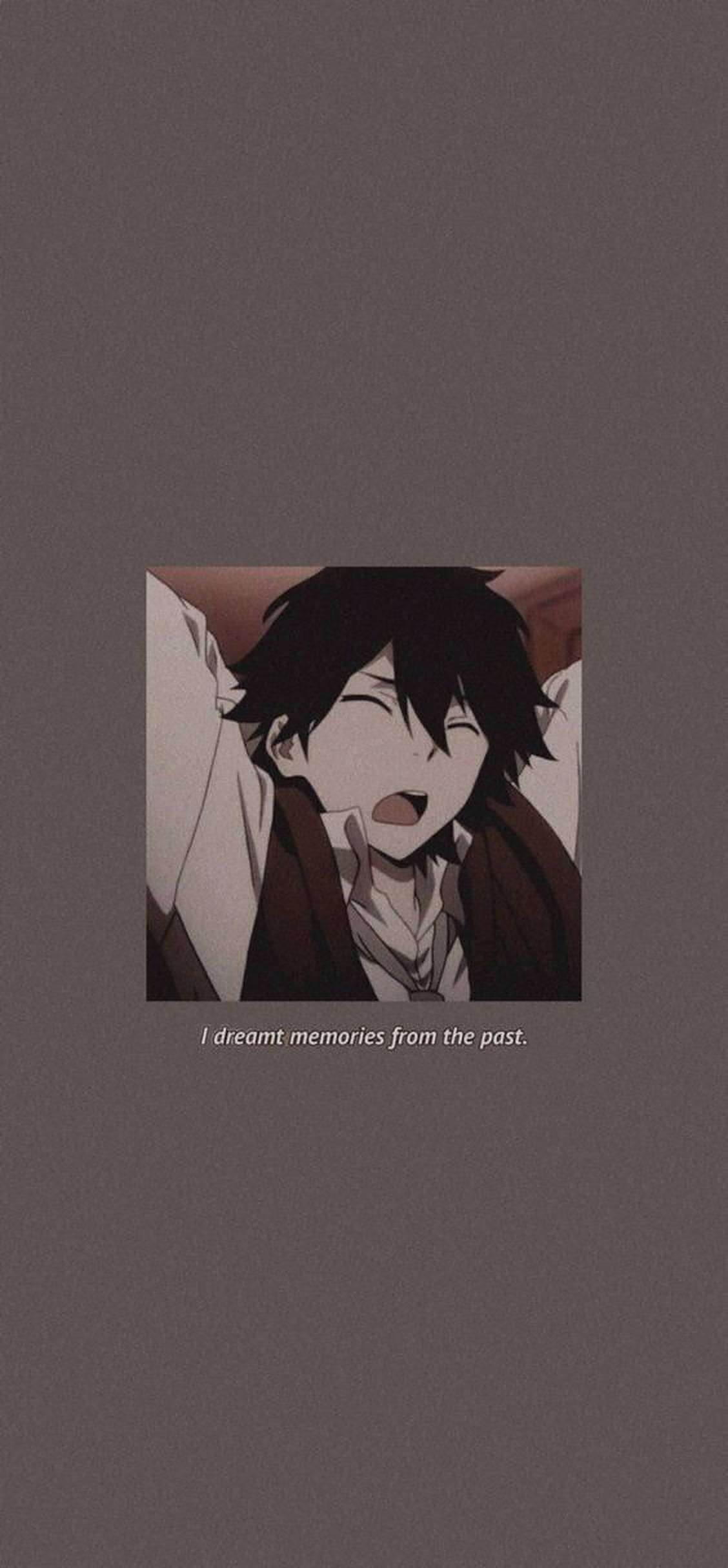 Dazai 桌布 壁紙 — 一個黑髮的憂鬱動漫男孩在床上安睡，柔和文字寫著我夢見了過去的回憶。