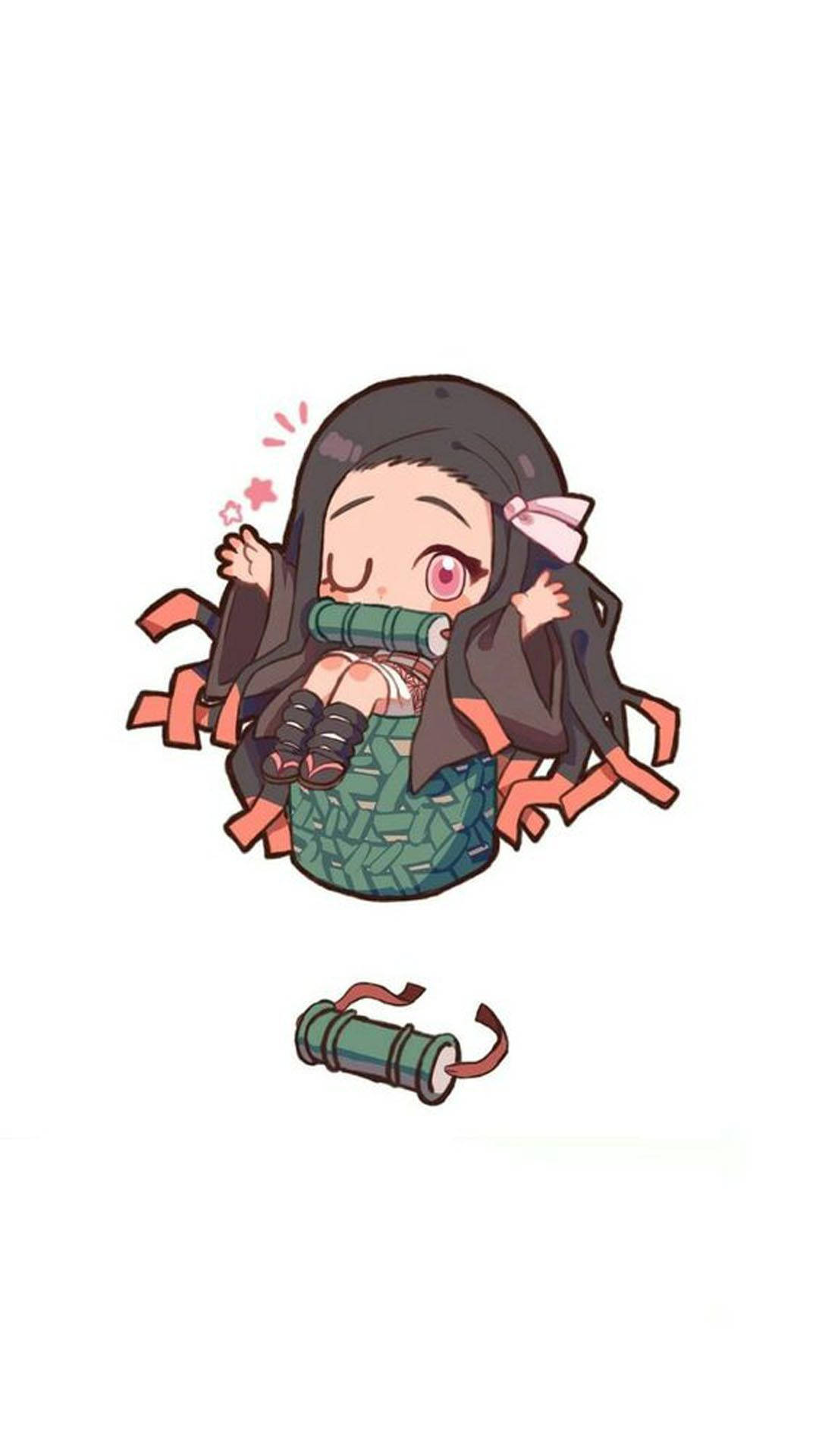 Demon Slayer Chibi 桌布 壁紙 — 一個黑髮粉紅眼睛的Q版動漫女孩坐在一個綠色編織籃子裡，周圍環繞著橙色絲帶。