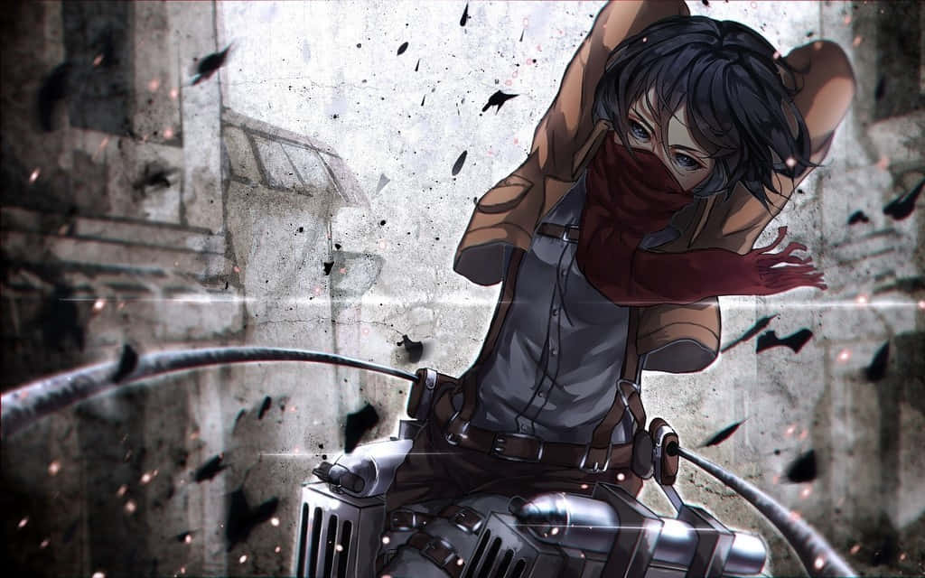 Mikasa Ackerman 桌布 壁紙 — 一個黑髮紅圍巾的動漫女孩駕駛機械車輛穿過 crumbling 的城市廢墟，碎片飛揚。