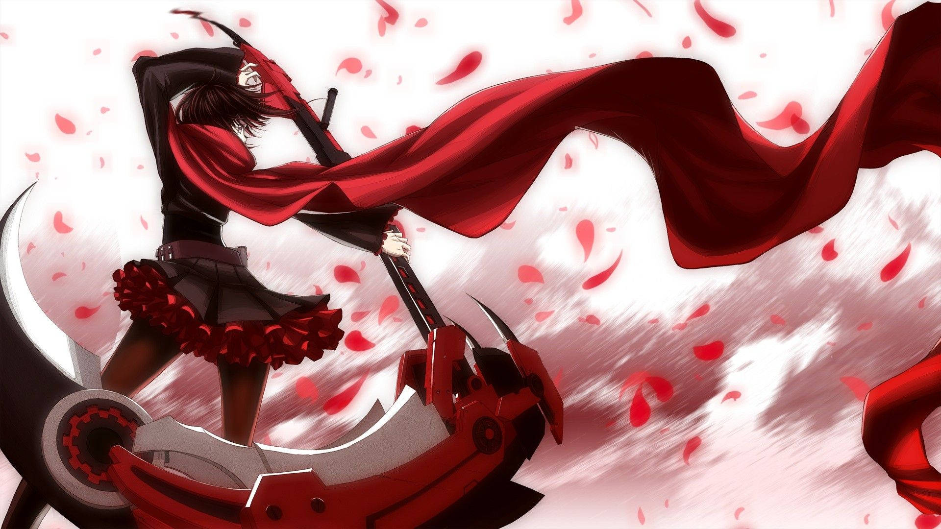 Rwby 桌布 壁紙 — 一個黑髮紅披風的動漫女孩，在白色背景中揮舞著一把巨大的紅色鐮刀，周圍有紅色花瓣飄落。