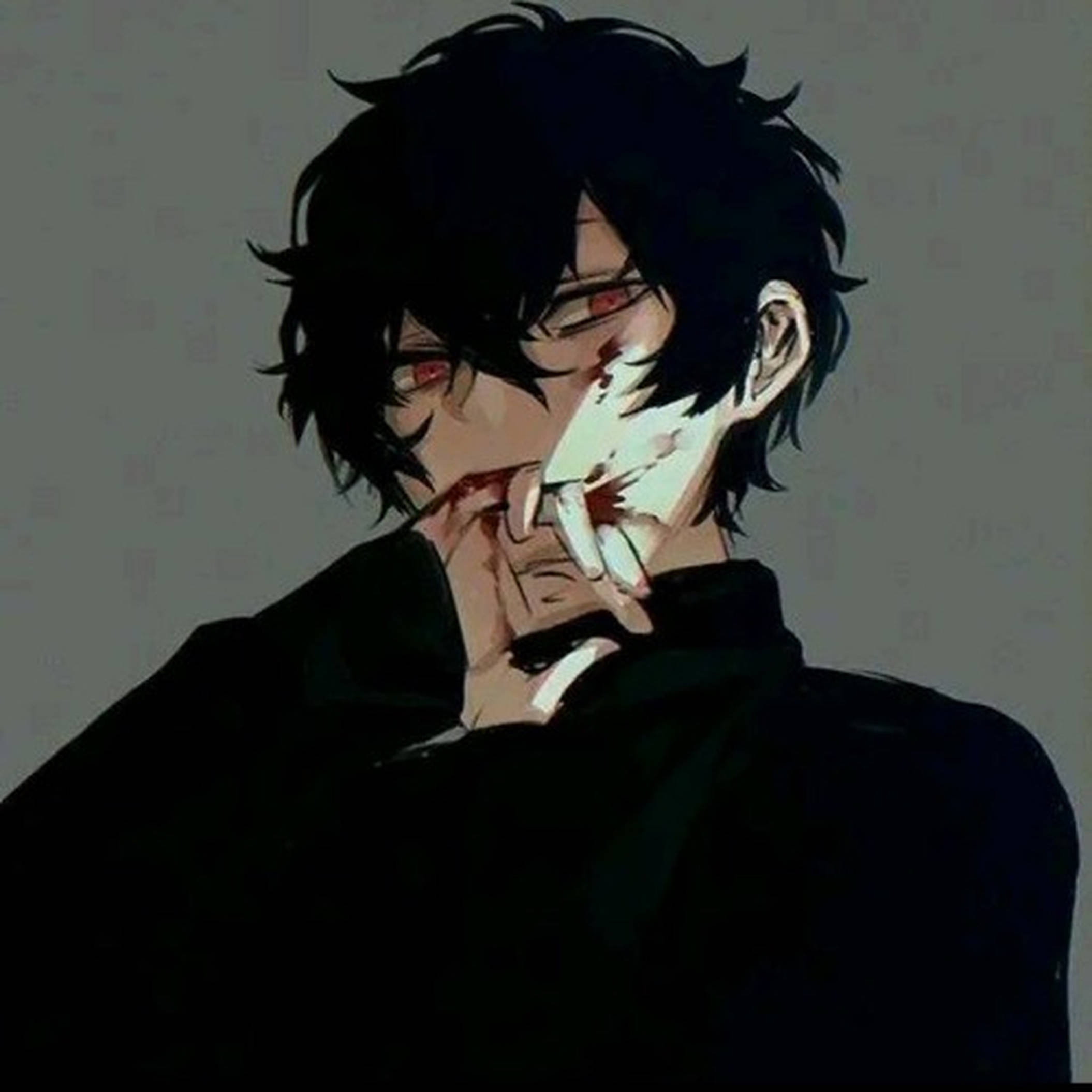emo 頭像 桌布 壁紙 — 一個黑髮紅眼、滿臉鮮血的動漫角色，手持破碎的白色面具貼在臉頰上。