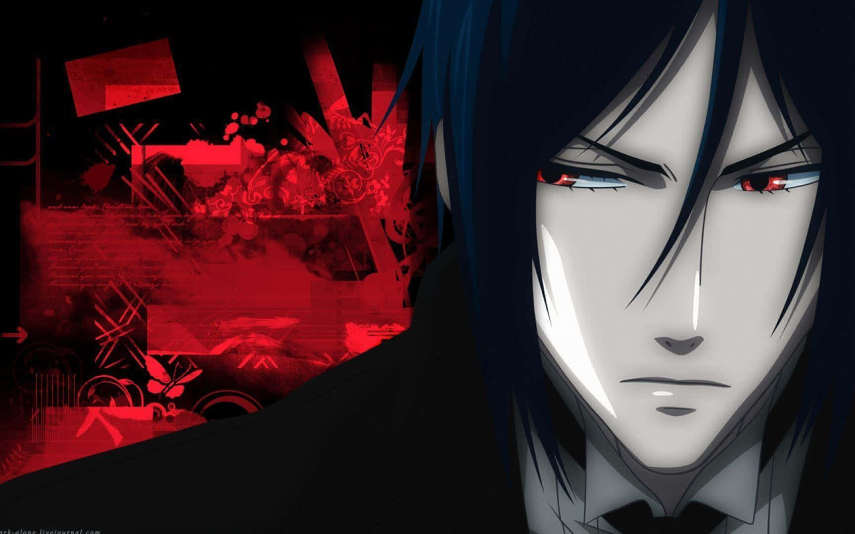 Black Butler 桌布 壁紙 — 一個黑髮紅眼動漫角色的特寫，背景是混亂的紅色抽象背景。