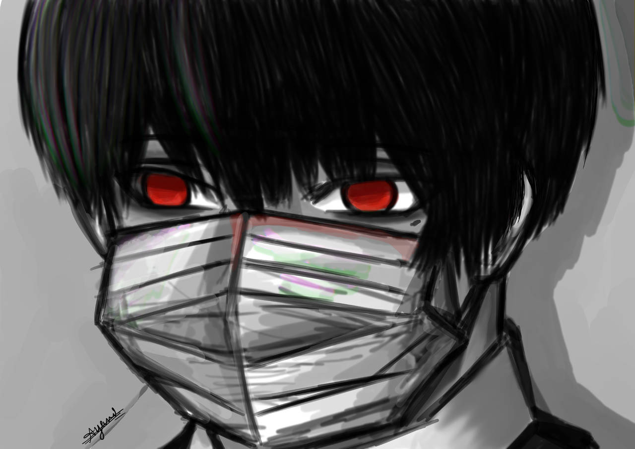 動漫男孩 桌布 壁紙 — 一個黑髮紅眼發光的動漫角色特寫，戴著詳細的外科口罩，背景為純灰色。