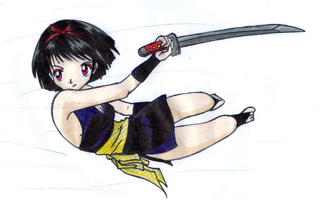 Inuyasha Yura 桌布 壁紙 — 一個黑髮紅眼的Q版動漫女孩，在純白背景上漂浮著揮舞武士刀。