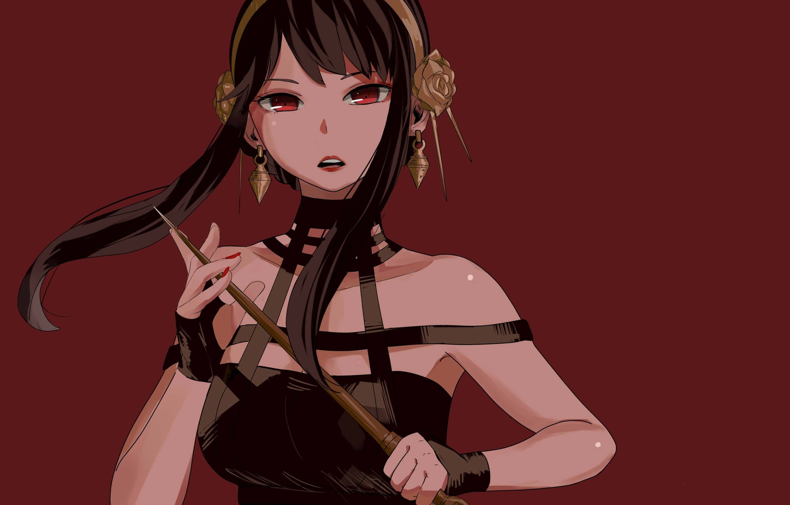 Anime Girl Aesthetic 桌布 壁紙 — 一個黑髮紅眼的動漫女孩在深棗紅色背景前拿著弓。