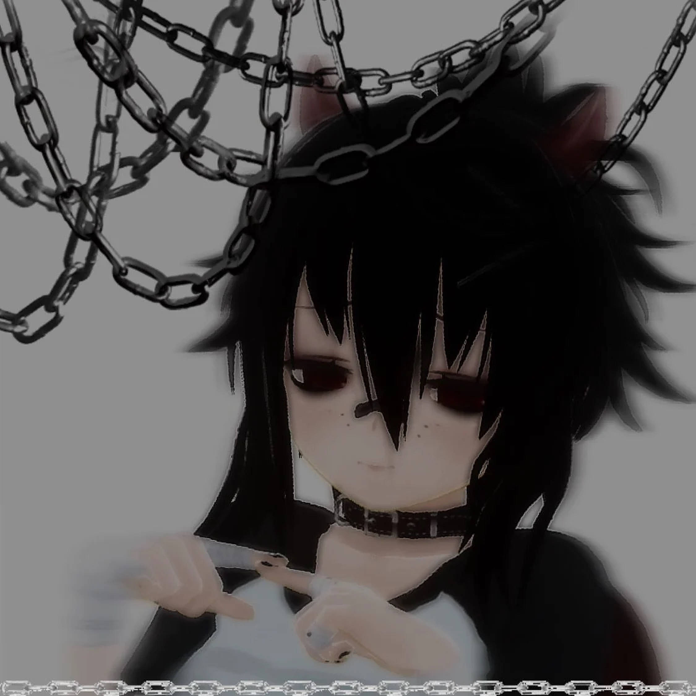 emo 頭像 桌布 壁紙 — 一個黑髮紅眼的動漫女孩在灰色背景上，頭頂掛著鎖鏈，手持刀刃。