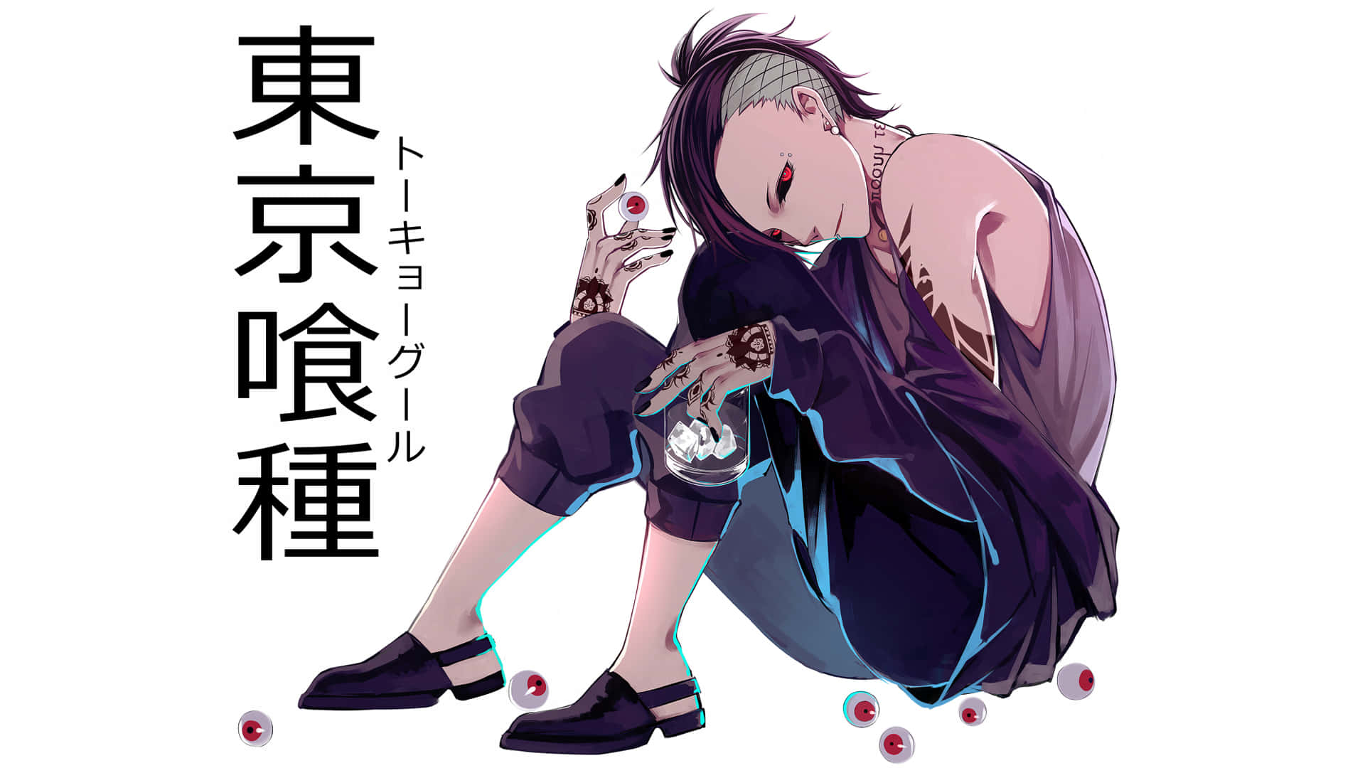 Tokyo Ghoul Uta 桌布 壁紙 — 一個黑髮紅眼的動漫女孩彎腰坐著，拿著一杯眼球，周圍有漂浮的眼球。