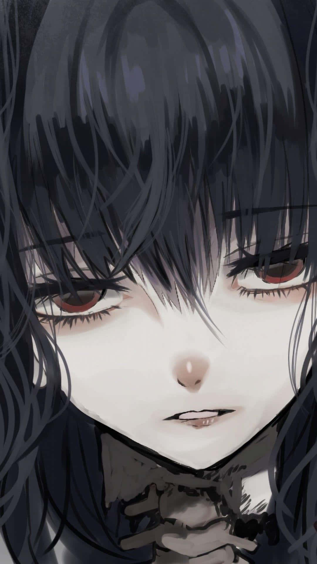 Gothic Anime 桌布 壁紙 — 一個黑髮紅眼的動漫女孩特寫，用嚴肅的表情強烈地凝視。