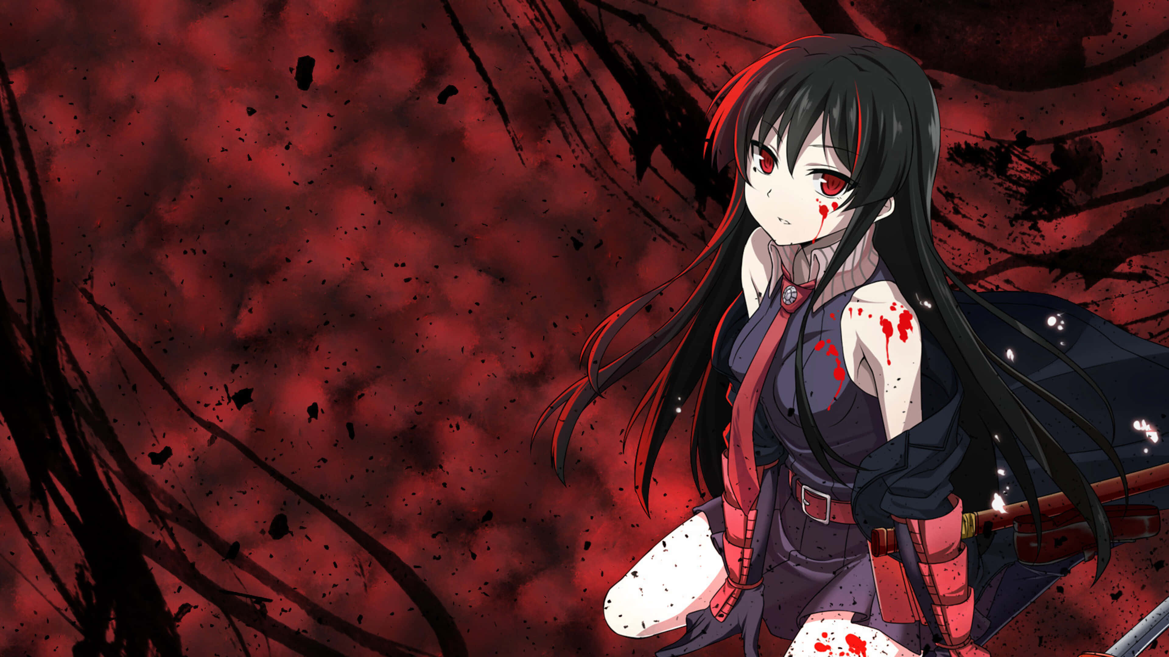 Akame Ga Kill 4K 桌布 壁紙 — 一個黑髮紅眼的動漫女孩站在血跡斑斑的紅黑背景中，手持一把劍。